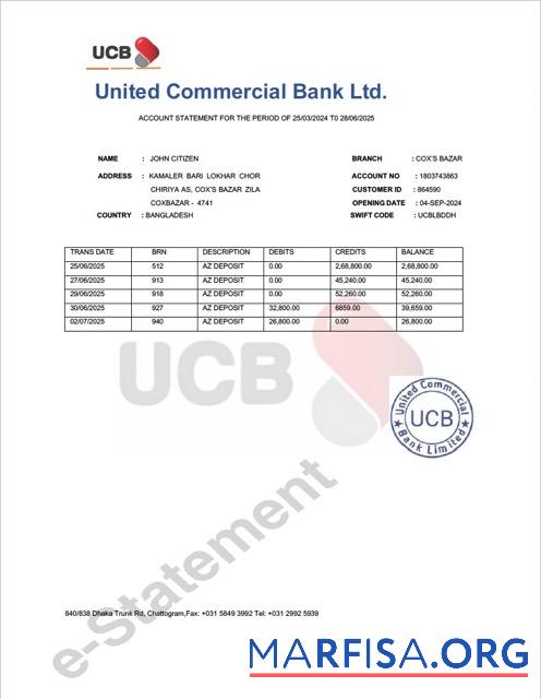 Downloadable Bangladesh United Commercial bank account statement word example